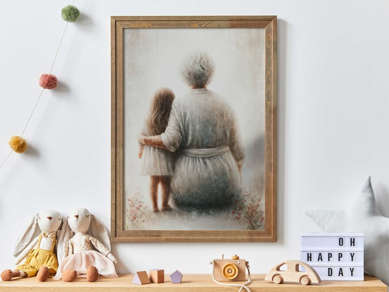 May include: A framed painting of an older woman and a young girl standing side by side. The woman is wearing a long, light gray dress and the girl is wearing a white dress. The painting is set against a light background with a subtle floral pattern.