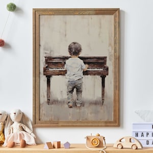 Junge spielt Klavier, Klavier-Kinderzimmer-Wanddeko, Musik-Kinderzimmer-Wandkunst, Kleinkind-Junge-Raum-Kunst, Vintage-Kinderzimmer-Kunst, druckbare Jungen-Wandkunst