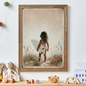 Surfer Girl Decor, Surfing Nursery Decor, Beach Girl Room Decor, Surfing Print Girl, Little Girl & Surfboard, Printable Surfer Wall Art Kids