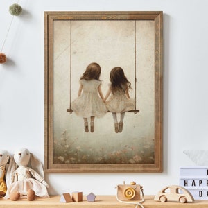 Arte de parede de irmãs, impressão de irmãs, arte de berçário vintage, impressão de meninas no balanço, arte de parede de melhores amigas, decoração de quarto de menina para impressão