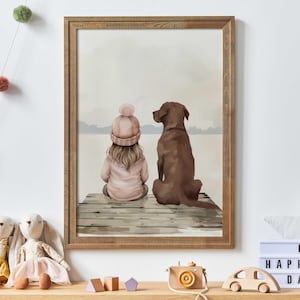 Labrador Retriever Druck, brauner Labrador Druck, 3er Set, druckbarer Hund Kunstdruck, Bilder von einem Mädchen & Hund,