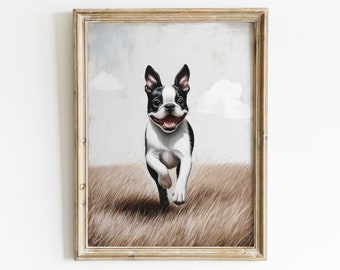 May include: A framed painting of a black and white Boston Terrier running through a field of tall grass. The dog is smiling and has a happy expression on its face.