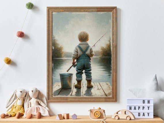 Fishing Nursery Print, Little Boy Fishing, Boys Room Fishing Wall