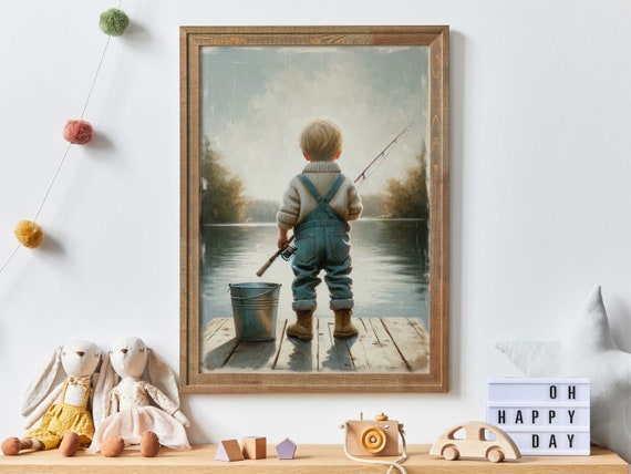 colored boy holding fishing pole Fishing Nursery Print, Little Boy Fishing, Boys Room Fishing Wall Art,  Fishing Art for Boys, Boys Bedroom Decor, PRINTABLE Fishing Art Kids