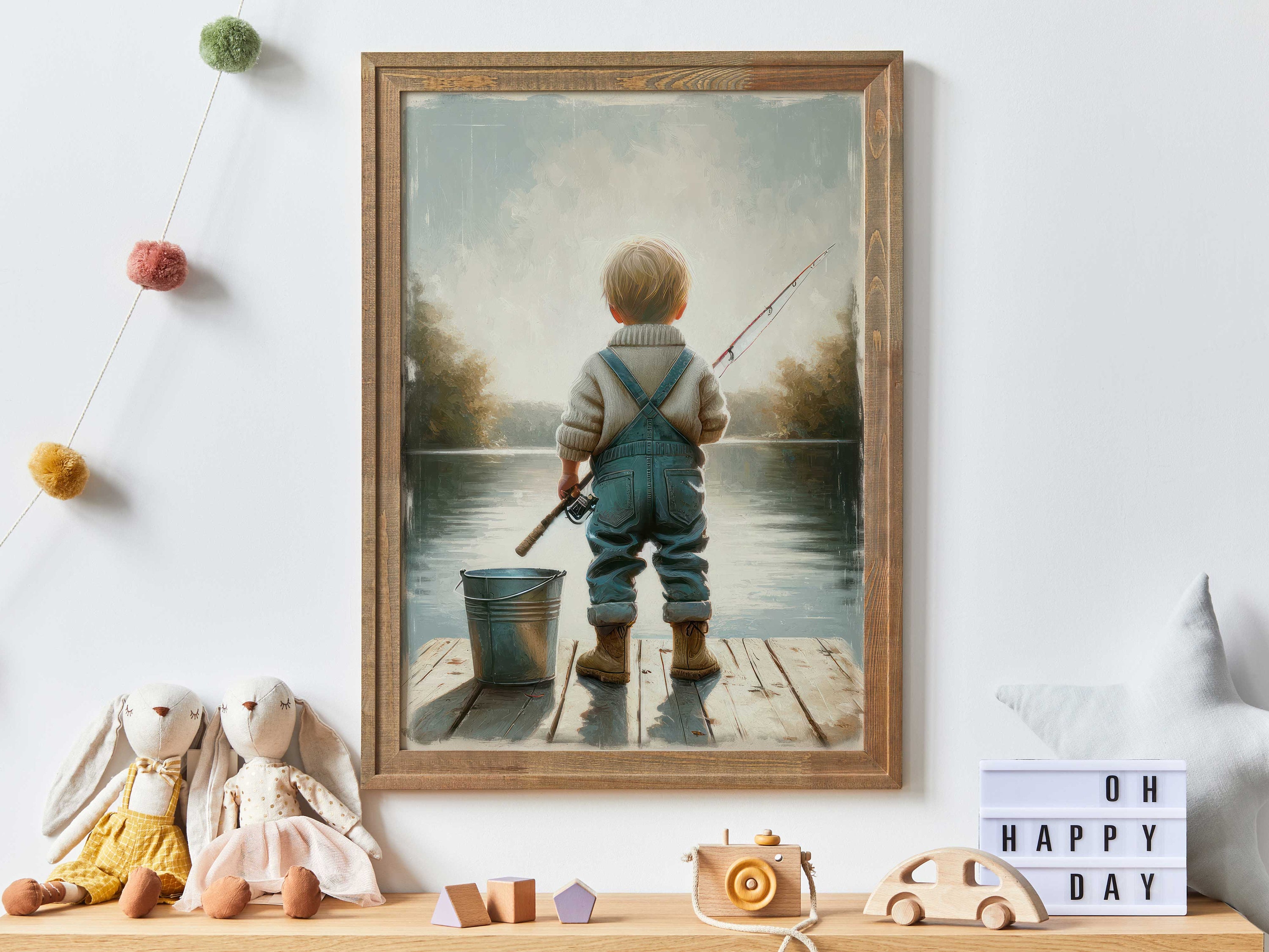 R.G. HOUGH YOUNG BOY RIVER FLY FISHING ORIGINAL OIL ON CANVAS LANDSCAPE  PAINTING