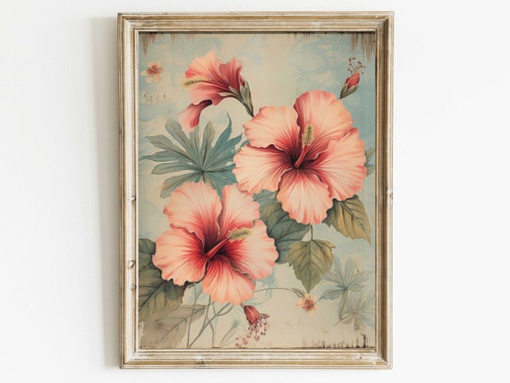 Pink Hibiscus Wall Art, Vintage Floral Decor, Rustic Flower Art Print, Country Home Decor, Farmhouse Wall Decor, Printable Art