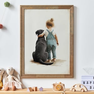 Black Lab Nursery Decor for Girls, Girl & Black Labrador Portrait, Dog Nursery Wall Art, Labrador Retriever Painting, Printable Dog Wall Art