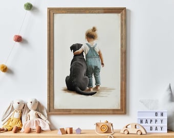 Black Lab Nursery Decor for Girls, Girl & Black Labrador Portrait, Dog Nursery Wall Art, Labrador Retriever Painting, Printable Dog Wall Art