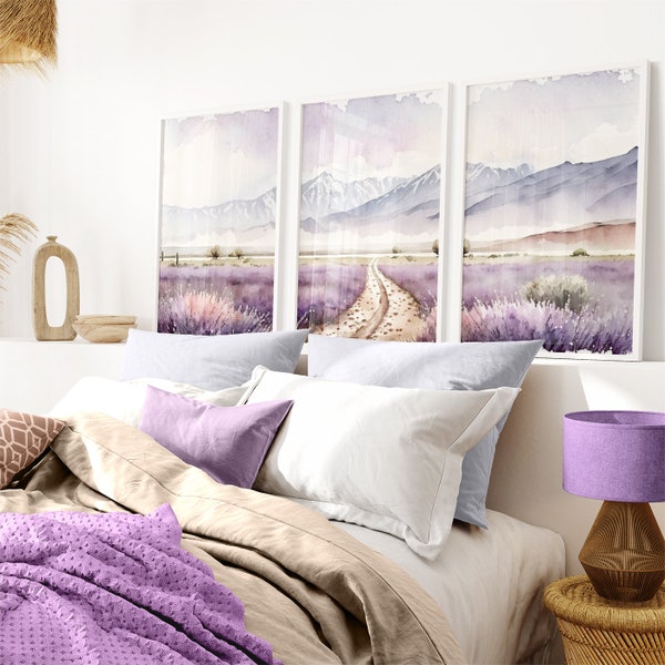 Watercolor Set of 3 Wall Art, Purple Flowers Print, Lavender Field Painting, Flower Meadow Artwork, Digital Printable Landscape Wall Art