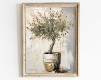 Olive Tree Art, Vintage Tree Painting, Botanical Wall Art, Tree in a Pot, Mediterranean Country Wall Decor, Printable Floral Art