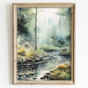 Forest Painting, Forest Stream Wall Art, Watercolor Landscape Decor, Blue-Green-Yellow Tones, Nature Print, Printable Art