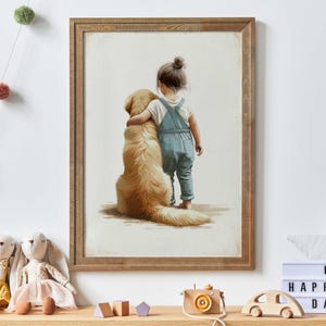 Golden Retriever Wall Art Print, Golden Retriever Nursery, Girl & Golden Retriever Themed Nursery Decor, Printable Golden Retriever Painting