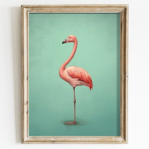 Decoración de flamencos vintage, arte minimalista imprimible, impresión de pájaros en verde azulado y rosa, póster de estilo vintage, arte de pared con animales imprimible colorido