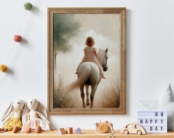 Girl and Horse Wall Art, Nursery Horse Print, Girls Room Decor, Horse Riding Wall Art, Vintage Equestrian Wall Decor,PRINTABLE Girl Wall Art