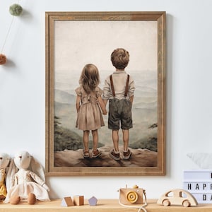 Brother and Sister Room Decor, Siblings Print, Nature Wall Art Kids, Boy & Girl Painting, Siblings Portrait, Printable Kids Wall Art