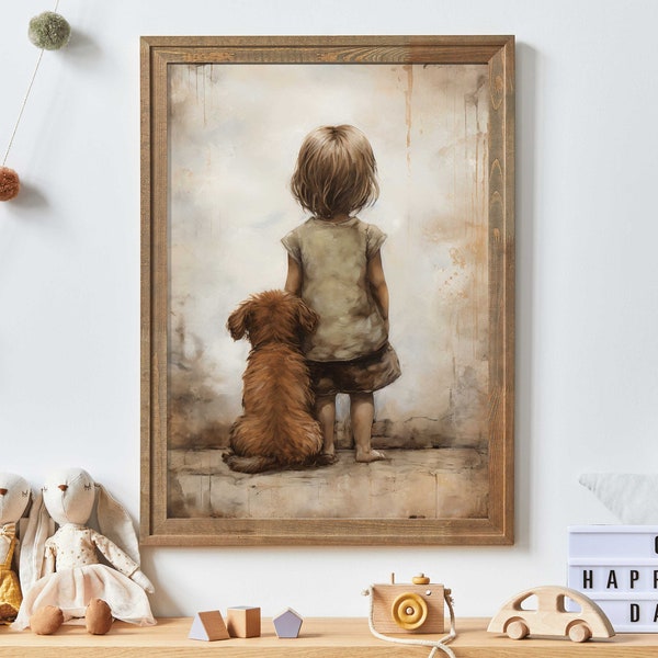 Dog Nursery Decor, Girl and Dog, Kids Dog Wall Art, Girls Room Dog Print, Girly Wall Art Print, Cute Animal Art, Digital Printable Dog Decor