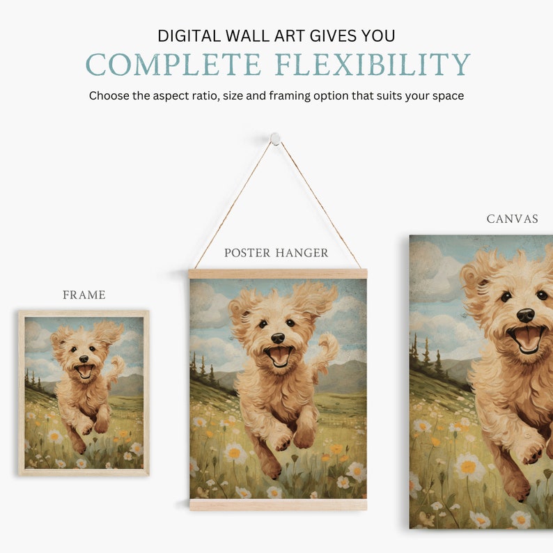 May include: A digital wall art print featuring a cute, light brown dog running through a field of flowers. The print is available in three framing options: framed, canvas, and poster hanger.