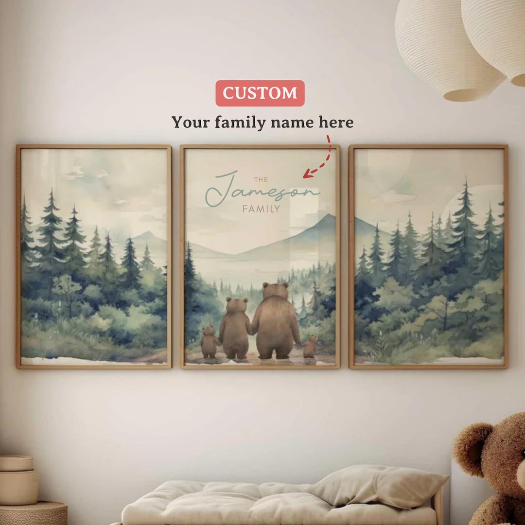 Custom Bear Family of Four Prints, Family Name Prints, Nursery Room Art ...