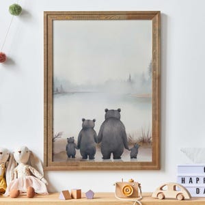 Bear Print, Bear Family of Four, Papa Mama Kids Bear, Lake Nursery Decor, Bear Nursery Decor, Woodland Animals, Printable Forest Animal Art
