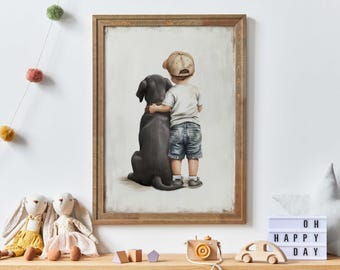 May include: A framed print depicts a child in a baseball cap hugging a black dog. The artwork has a neutral color palette and is displayed on a white wall. The print is in a wooden frame.