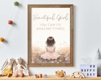 Nursery Quote Wall Art, Beautiful Girl You Can Do Amazing Things, Pink Watercolor Art for Girls Room Printable Art
