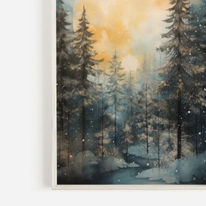 May include: A watercolor painting of a snowy forest scene with tall pine trees and a stream in the foreground. The sky is a soft yellow and orange, with a few snowflakes falling.