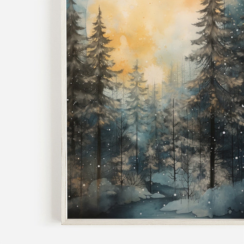 May include: A watercolor painting of a snowy forest scene with tall pine trees and a stream in the foreground. The sky is a soft yellow and orange, with a few snowflakes falling.
