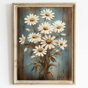 Daisy Flower Wall Art, Vintage Floral Print, Flower Bouquet Painting, Rustic Floral Wall Decor, Printable Flower Wall Art