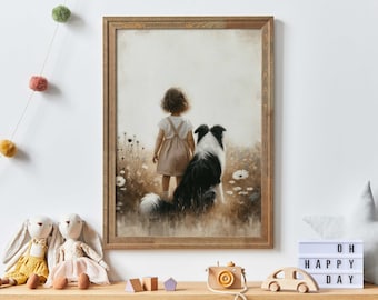 Border Collie Nursery Art, Border Collie Painting, Girl & Dog Art, Girls Room Dog Decor, Dog Nursery Decor,  PRINTABLE Dog Art for Kids