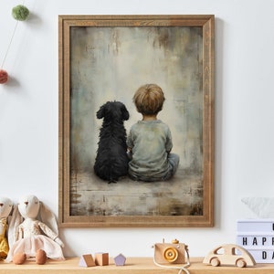 May include: A framed art print depicts a child and a black dog sitting together, viewed from the back. The artwork has a muted color palette with a textured, painterly style. The frame is made of wood. The overall theme is friendship and companionship.