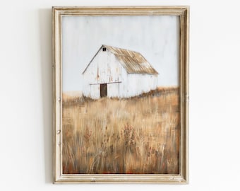 May include: A framed painting of a white barn with a rusty metal roof, standing in a field of tall, dry grass. The barn is painted in a rustic style with faded white paint and a weathered wooden door. The background is a soft, hazy blue sky.