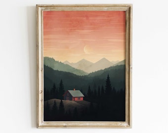 Mountain Cabin Print, Cabin Decor, Forest Wall Art, Forest Cabin Painting, Forest & Mountain Landscape, PRINTABLE Landscape Wall Art