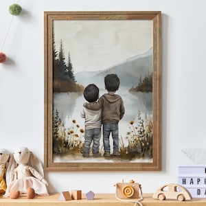 Two Little Brothers Print, Brother Wall Art, Lake Nursery Art, Boy Brother Room Decor, Brother Painting, Brother Room,Printable Boy Wall Art