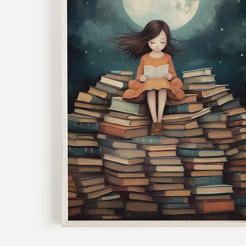 May include: A girl in a yellow dress sits on a large stack of books, reading a book under a full moon. The sky is dark blue with white stars.
