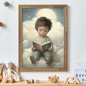 Christian Nursery Wall Art, Bible Wall Art for Kids, Little Boy Reading Bible, Nursery Room or Boys Bedroom Decor, Printable Art
