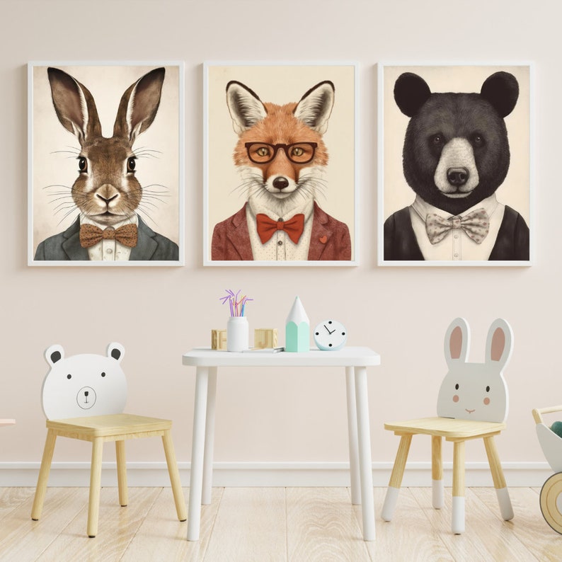 Woodland Animals Wall Art, Set of 3, Red Fox, Hare and Bear in Suits, Animals Wearing Clothes, Vintage Printable Decor, Digital Download image 3