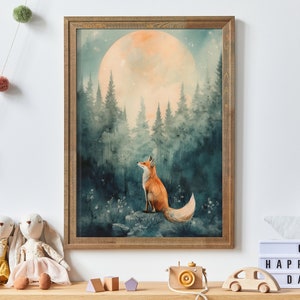 Aquarell Fuchs Kinderzimmer Druck: Waldmond & Sterne (Digitaler Download)