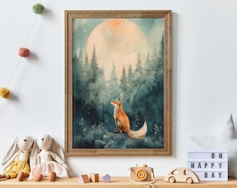 Watercolor Fox Nursery Print: Woodland Moon & Stars (Digital Download)