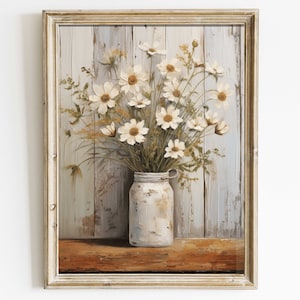 Rustic Floral Wall Art, Daisy Flower Print, Rustic Botanical Art, Flower Bouquet Painting, Farmhouse Home Decor, Printable Art