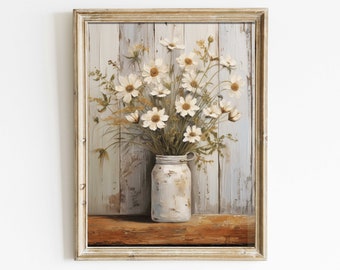 Rustic Floral Wall Art, Daisy Flower Print, Rustic Botanical Art, Flower Bouquet Painting, Farmhouse Home Decor, Printable Art