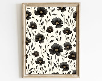 Black Flowers Print, Floral Pattern Wall Art, Black & White Floral Art, Flower Wall Decor, Farmhouse Floral Print, PRINTABLE Flower Wall Art