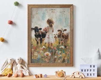 Cow Nursery Wall Decor, Farmhouse Girl Nursery Decor, Girl & Cow, Countryside Farm Girl Wall Art, Cattle Print, PRINTABLE Girl Room Decor