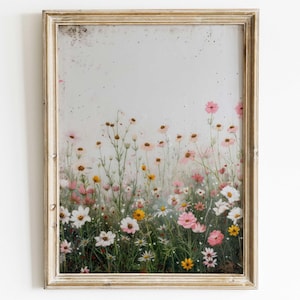 Wildflower Art Print, Vintage Floral Wall Decor, Rustic Botanical Wall Art, Blue & Gold Print, Wildflower Field Art, PRINTABLE Flower Art