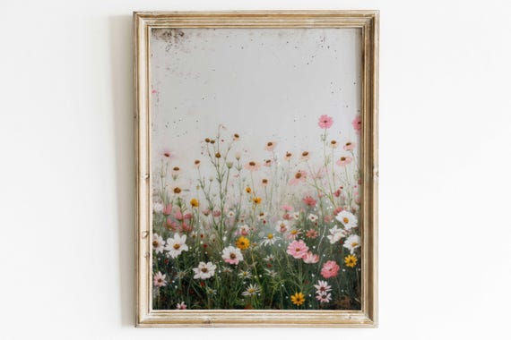 Wildflower Art Print, Vintage Floral Wall Decor, Rustic Botanical Wall Art, Blue & Gold Print, Wildflower Field Art, PRINTABLE Flower Art
