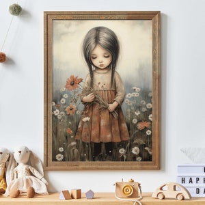 Girly Wall Art Print, Art for Girls&#39; Nursery or Bedroom, Toddler Girl with Flowers, Wildflower Nursery Decor, Printable Wall Art