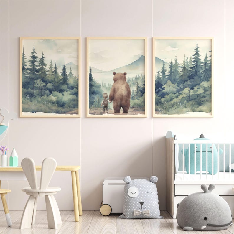 Bear Nursery Decor, Forest Wall Art Set of 3, Brown Bear Kids Prints ...