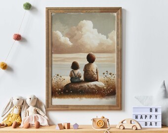 Brother and Sister Wall Art, Siblings Print, Nature Wall Art Kids, Boy & Girl Painting, Siblings Portrait, Big Brother, Printable Kids Art