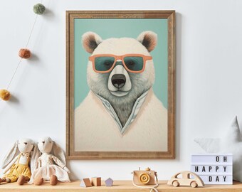 Cool Bear Wall Art, Polar Bear Nursery, Animal Wall Art, Wearing Sunglasses, Bear Nursery Print, Toddler Room Decor Boy, Printable Wall Art