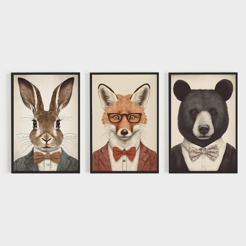 Woodland Animals Wall Art, Set of 3, Red Fox, Hare and Bear in Suits, Animals Wearing Clothes, Vintage Printable Decor, Digital Download image 5