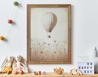 Hot Air Balloon Nursery, Pink Nursery Decor, Rustic Nursery, Wildflower Nursery Wall Art, Vintage Balloon Wall Art, PRINTABLE Nursery Art